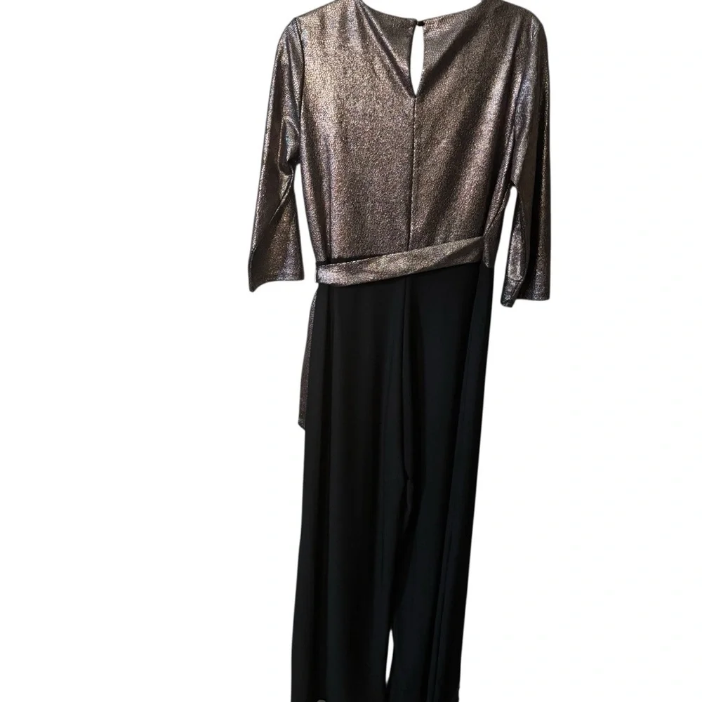 NWT Nina Leonard Jumpsuit Medium Metallic Silver Reptile Print Black Pants Flowy - Picture 5 of 15